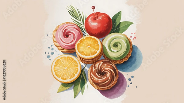 Fototapeta Colorful pastries, fruits, and leaves arranged in a decorative display.

