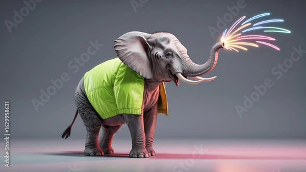 Fototapeta Elephant in a bright yellow jacket, shooting colorful fireworks from its trunk.
