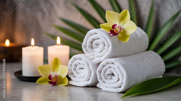 Fototapeta Rolled white towels, candles, and orchids. Relaxing spa scene.
