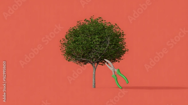 Fototapeta Pruning shears trim a lush tree, symbolic of change.
