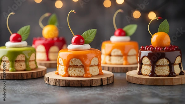 Fototapeta Colorful mini cakes with dripping glaze, festive and delicious.
