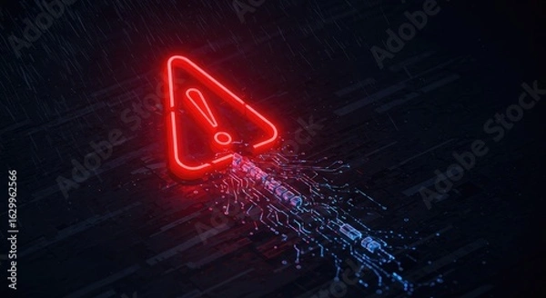 Obraz Digital warning neon triangle sign on circuit board technology illustration
