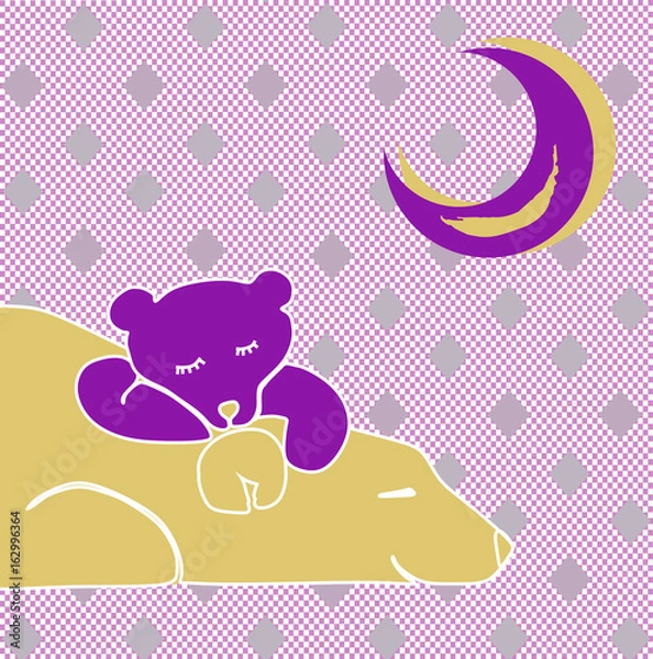 Fototapeta Bear with a bear cub under a pink moon on a pink pattern in a square