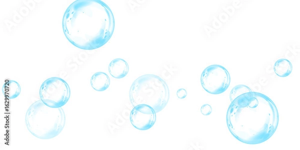 Fototapeta Set of realistic blue soap bubbles in various sizes. Bubbles are located on a transparent background. Water glass bubble realistic