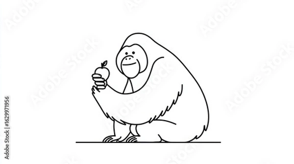 Fototapeta Outline drawing of a seated orangutan holding an apple