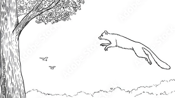 Fototapeta A black and white drawing of a leaping animal near a tree