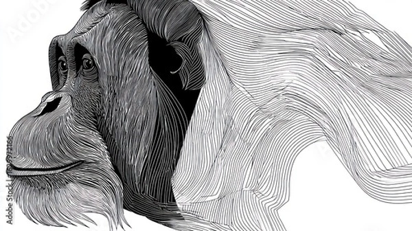 Fototapeta Monochrome portrait of a primate with abstract lines