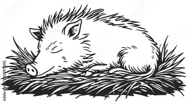 Fototapeta A sleeping piglet nestled in grass