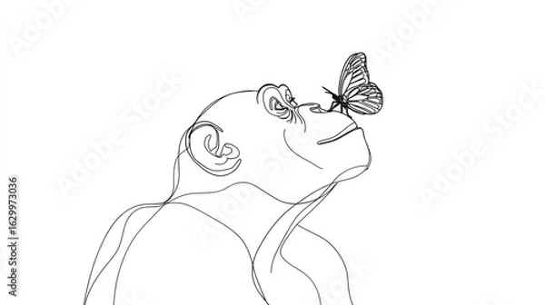 Fototapeta A single line drawing of a chimpanzee looking up at a butterfly
