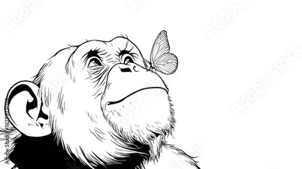 Fototapeta A chimpanzee looking upwards at a butterfly