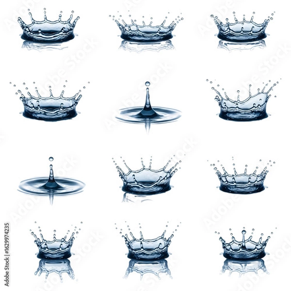 Fototapeta Collage of twelve dynamic water splash crown shapes isolated on transparent background