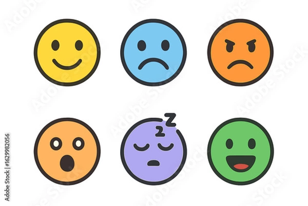 Fototapeta Children's Emotion Icons. Flat vector mini-illustrations emotions in colors children's illustrations: happy face, sad face, angry