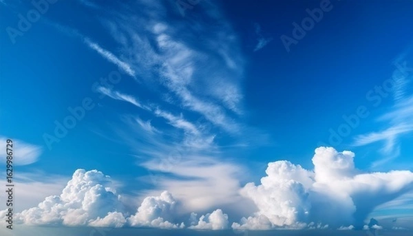 Fototapeta bright and serene sky filled with fluffy clouds against vibrant blue backdrop creates peaceful atmosphere perfect for relaxation and inspiration