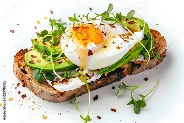 Fototapeta An avocado toast with avocade slices and a poached egg on sourdough bread on a white background