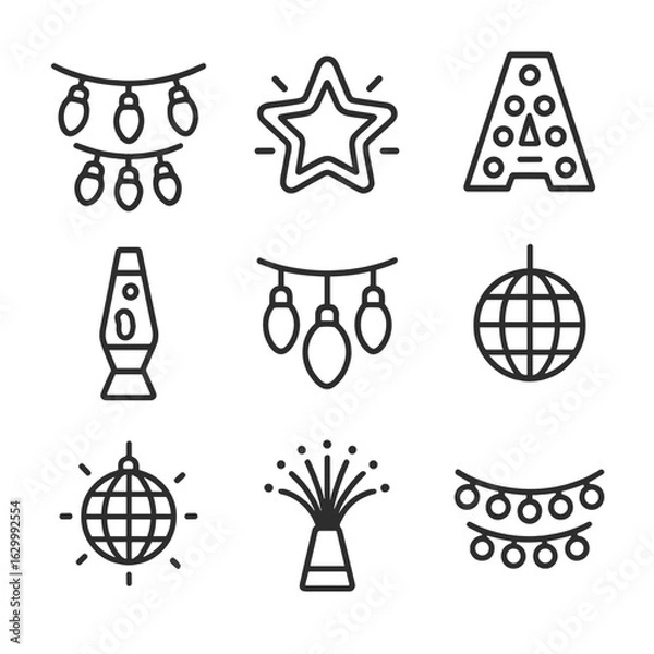 Fototapeta Decorative Lights Icons. Outline icon set of decorative lights: fairy lights, neon sign, marquee letter, lava lamp, string light,