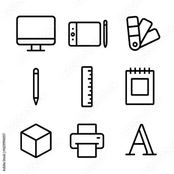 Fototapeta Design Studio Essentials. Outline icon set of design studio essentials: computer monitor, graphics tablet, color palette, pencil,
