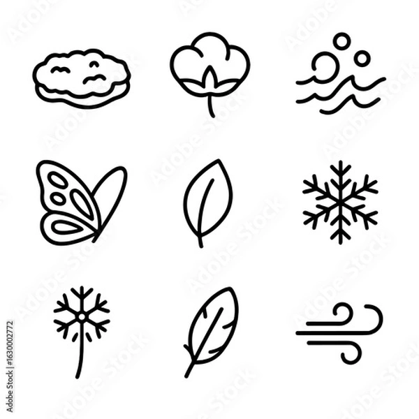 Fototapeta Softness Icon Set. Outline icon set of softness in nature: moss patch, cotton flower, sea foam, butterfly wing, soft leaf,