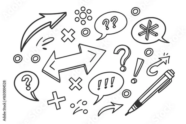 Fototapeta Hand drawn doodle collection of arrows question marks exclamation points and a pen symbolizing ideas and communication