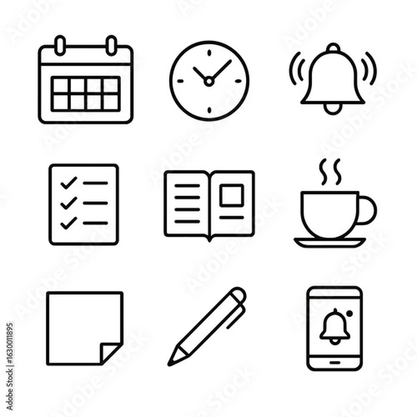 Fototapeta Weekly Schedule Icons. Outline icon set of weekly schedule: calendar week view, clock, checklist, alarm bell, planner, coffee cup,
