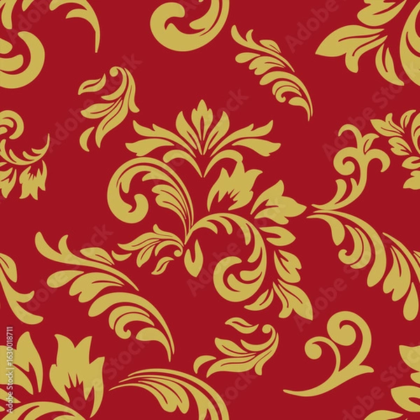 Obraz Red and gold damask pattern. This image shows a seamless, repeating ornamental design with a classic and luxurious feel. Perfect for use in textiles, wallpapers, packaging, and digital design.
