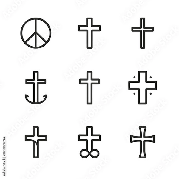 Fototapeta Symbolic Crosses Collection. Outline icon set of symbolic crosses: peace cross, victory cross, sacrifice cross, hope cross, faith