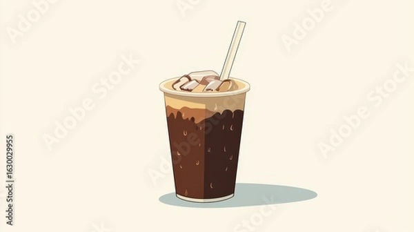 Fototapeta Refreshing Iced Coffee Beverage with Creamy Ice Cubes in Decorative Cup on Simple Background