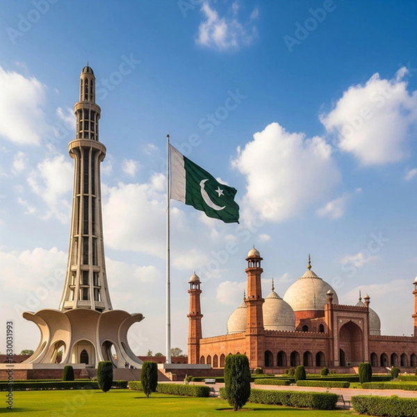 Fototapeta Minar-e-Pakistan and Badshahi Mosque A View of Pakistani Landmarks