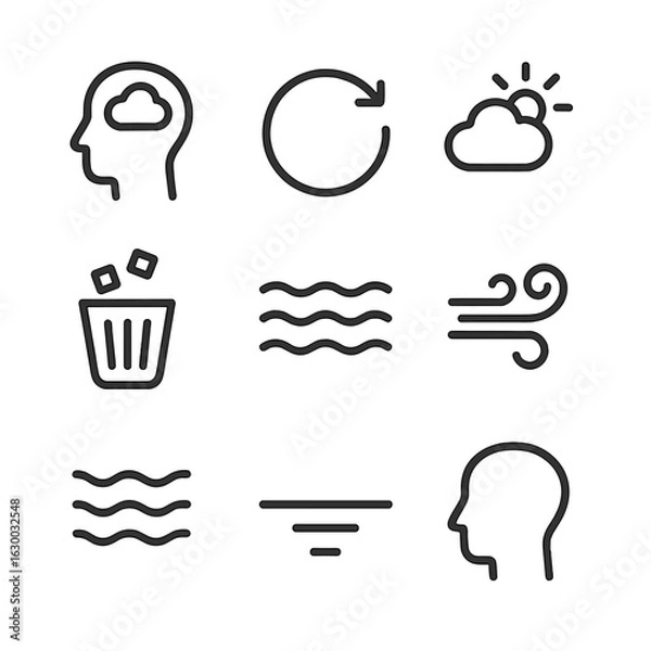 Fototapeta Mental Clarity Icons. Outline icon set of mental clarity: clear mind, reset symbol, fresh thought, declutter icon, wave flow, soft