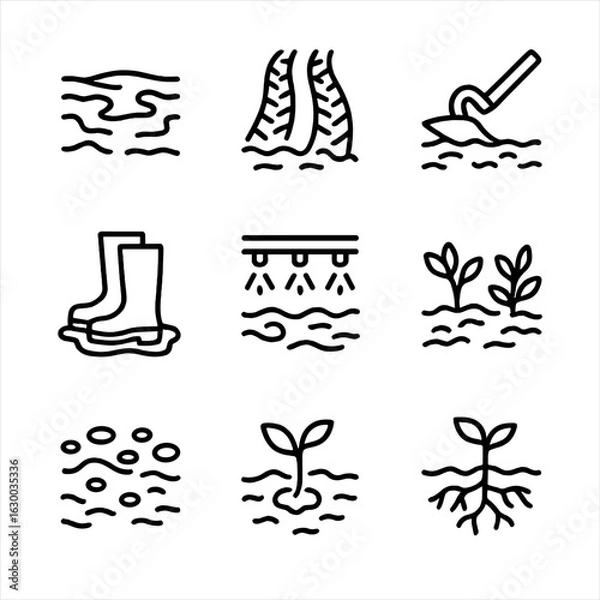 Fototapeta Mud Agriculture Icons. Outline icon set of mud in agriculture: muddy field, tractor tracks, plowing mud, muddy boots, irrigation,