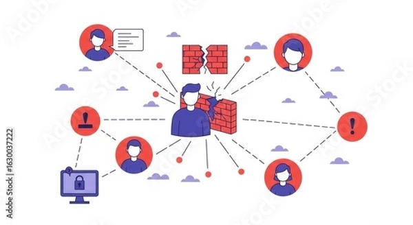 Obraz Network security breach illustration depicting breakdown of a system firewall