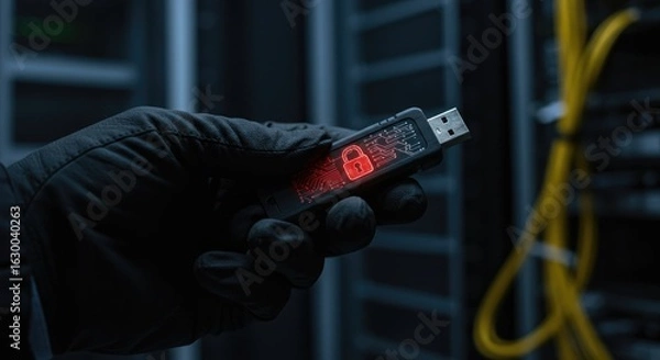 Obraz Person holding flash drive with red locked symbol in server room digital image data protection technology security safety indoor setting cybersecurity concept