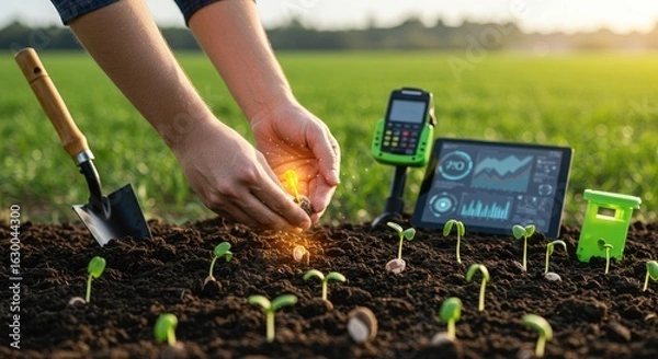 Obraz Person planting seed in soil with modern agricultural technology