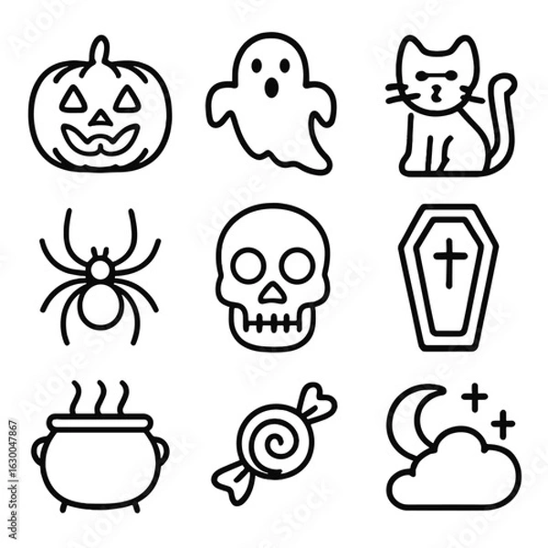 Fototapeta Gothic Holiday Icons. Outline icon set of gothic whimsy holidays: Halloween pumpkin, ghost, black cat, spider,