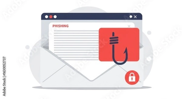 Obraz Phishing email warning graphic flat illustration of online security risk simple email template with red hook icon for cybersecurity awareness safe internet communication