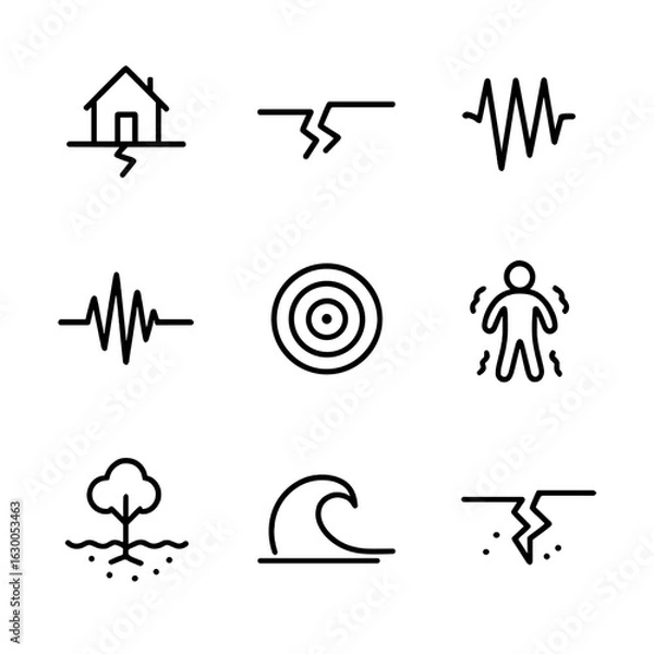 Fototapeta Seismic Icon Set. Outline icon set of seismic phenomena: earthquake, fault line, aftershock, seismic wave, epicenter, tremor,
