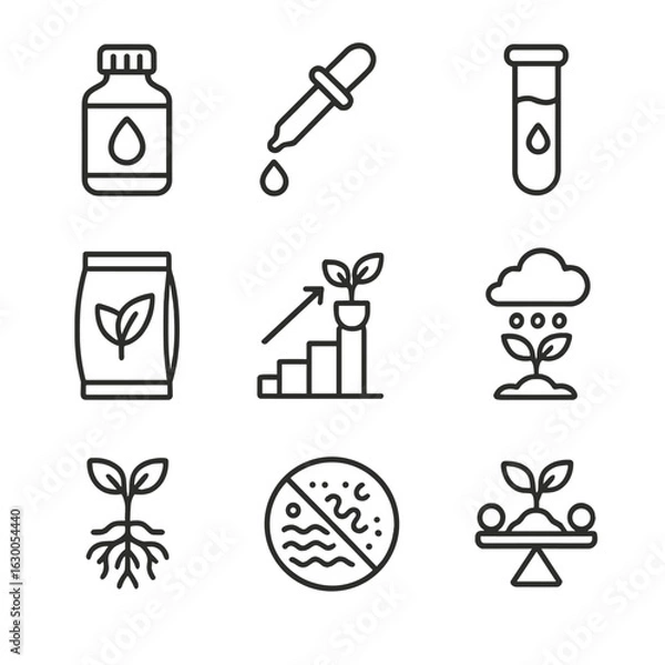 Fototapeta Hydroponic Icon Set. Outline icon set of hydroponic nutrient management: chemical bottle, dropper, test tube,