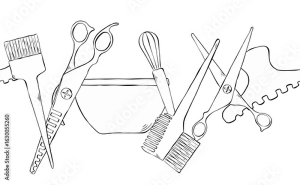 Obraz Hair color Salon seamless horizontal border. Vector graphic line ink illustration. background for banners, print for fabric, labels, t-shirt printing. For logo, web, package, sticker.
