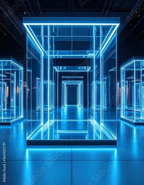 Fototapeta Futuristic exhibition space featuring glowing geometric structures with blue neon lights and reflective surfaces.