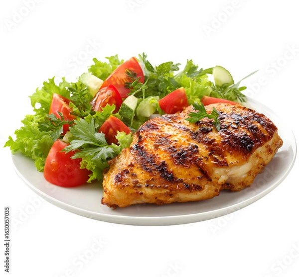 Fototapeta Grilled Chicken Steak with Vegetable Salad and Tomatoes, isolated background.