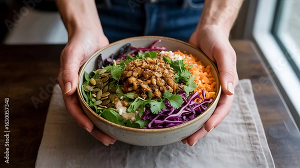 Fototapeta Hands holding a vibrant and healthy grain bowl with fresh vegetables and herbs