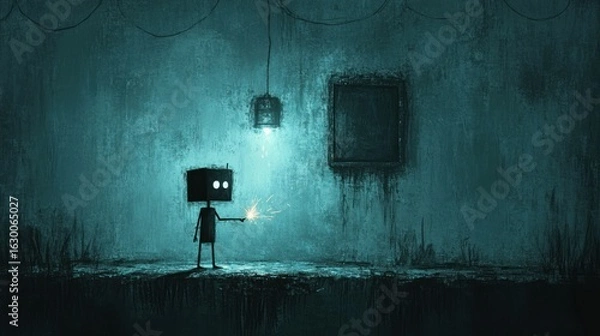 Fototapeta In the hallway, a repair robot stands in front of a cracked wall panel. His hands move methodically as he works, and sparks fly out from a flashlight that illuminates the dark corners of the ship.