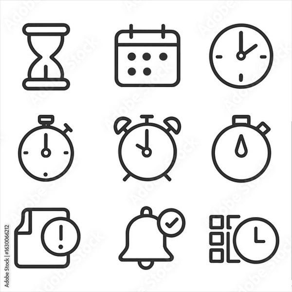 Fototapeta Time Management Icons. Outline icon set of time management: hourglass, calendar, clock, stopwatch, alarm, timer, deadline,
