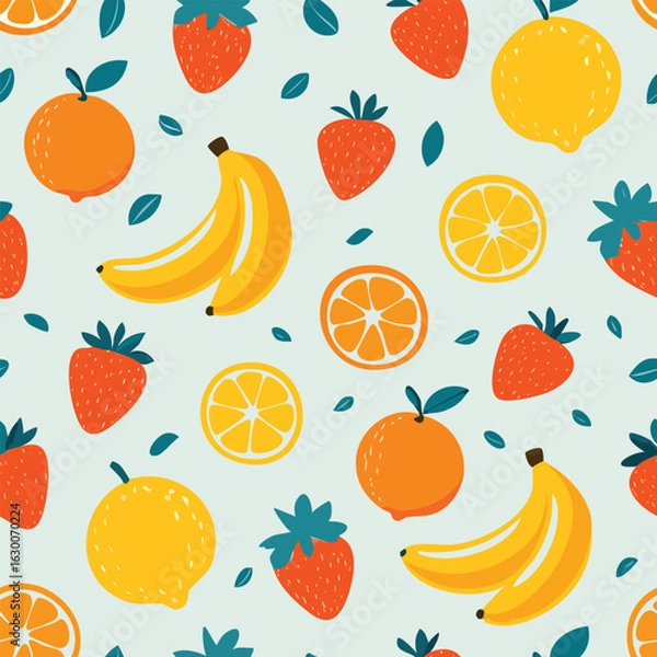 Fototapeta Playful Fruit Seamless Vector Pattern
Bright and fun fruit pattern with lemons, oranges, and bananas in a flat colorful illustration style.