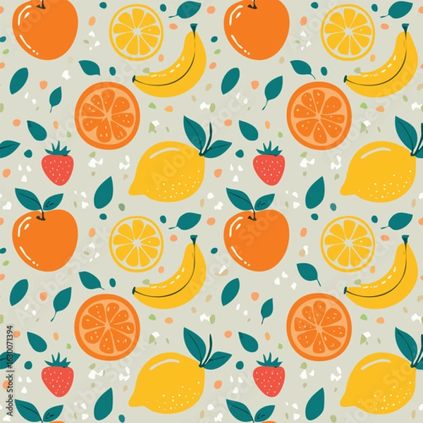 Obraz Playful Fruit Seamless Vector Pattern
Bright and fun fruit pattern with lemons, oranges, and bananas in a flat colorful illustration style.