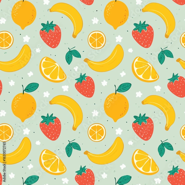 Fototapeta Playful Fruit Seamless Vector Pattern
Bright and fun fruit pattern with lemons, oranges, and bananas in a flat colorful illustration style.