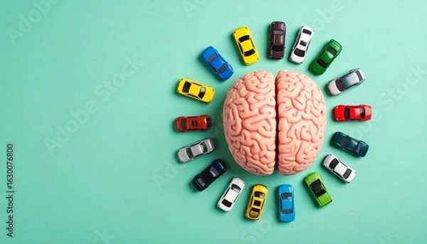 Fototapeta Toy cars circle a brain model, a metaphor for racing thoughts and anxiety overload concept.