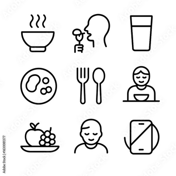 Fototapeta Mindful Eating Icons. Outline icon set of mindful eating: bowl with steam, slow bite, glass of water, food portion, fork and spoon