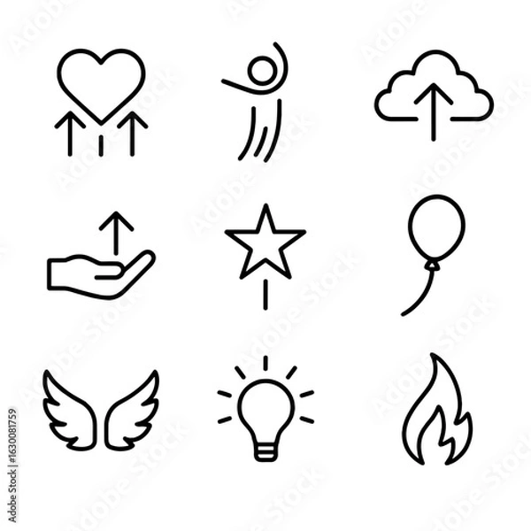 Fototapeta Elevate Emotions Icon Set. Outline icon set of elevate emotions: uplifting heart, rising spirit, soaring hope, lifting hand,