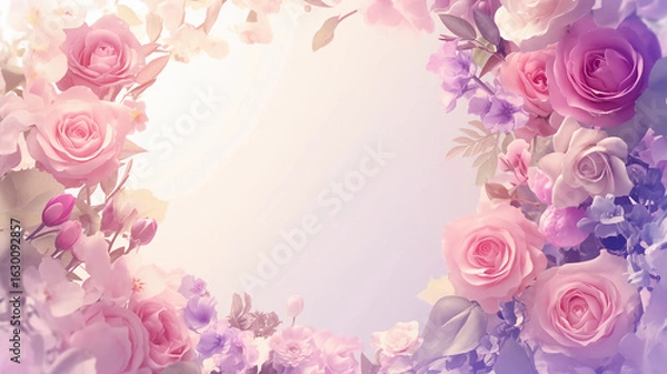 Fototapeta Pastel-colored floral wreath with soft bokeh effect, light and fresh design