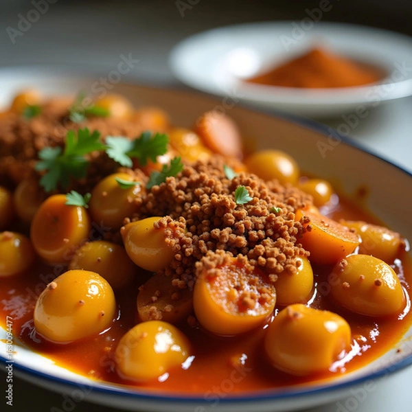 Obraz displays a vibrant and appetizing dish featuring small yellow potatoes or possibly baby carrots, coated in a rich, reddish-orange sauce. The dish is garnished generously with what appears to be a crum